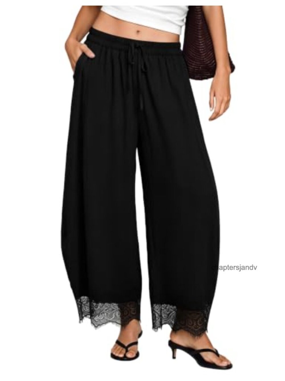 Lace Trim Wide Leg Cropped Pants Drawstring High Rise Casual Beach Trousers